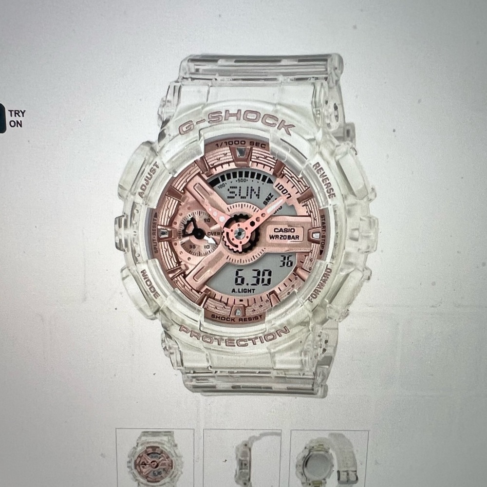G-Shock Ladies’ S Series Clear Resin Watch with Rose Gold-Tone Chronograph Dial.